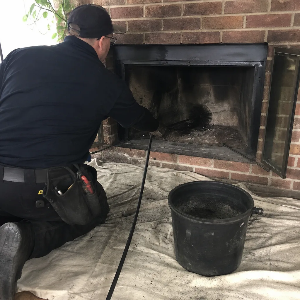 Professional chimney sweep cleaning a brick fireplace with a chimney brush