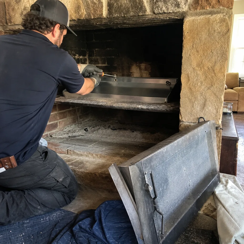 professional fireplace repair technician installing chimney insert in brick fireplace